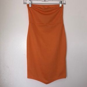 Orange strapless mini dress